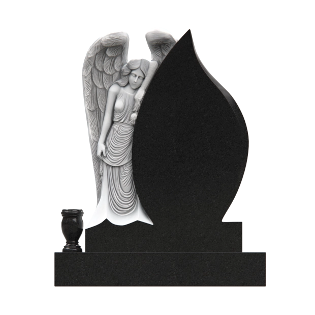Luxury Teardrop Granite Headstone — Angel Relief, Cross & Roses
