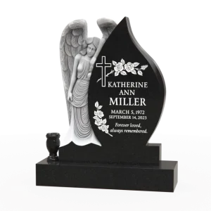 Luxury Teardrop Granite Headstone — Angel Relief, Cross & Roses