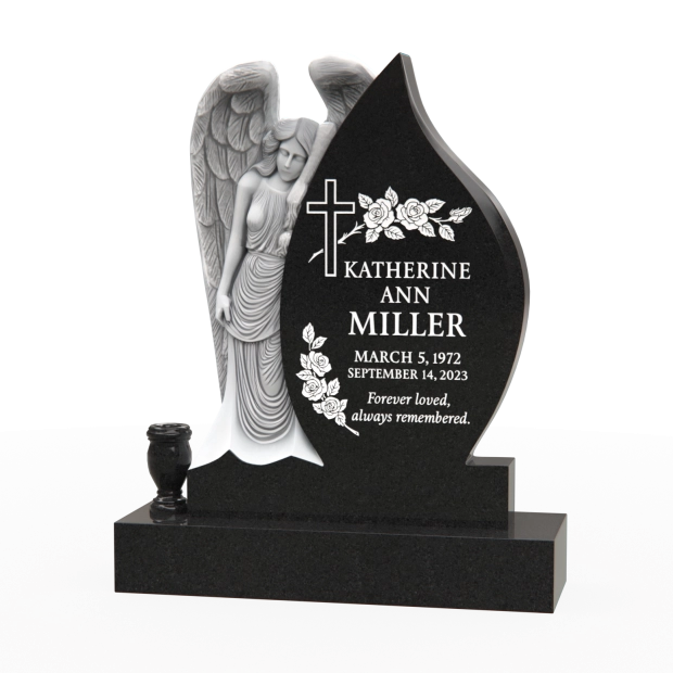Luxury Teardrop Granite Headstone — Angel Relief, Cross & Roses