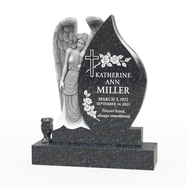 Luxury Teardrop Granite Headstone — Angel Relief, Cross & Roses